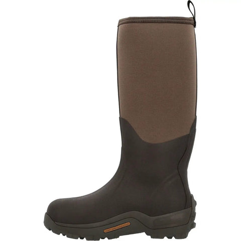 Men's Brown Rubber Wetland Boots With 5mm Neoprene And Calf High Design shown in side view, featuring aggressive outsole for stability.