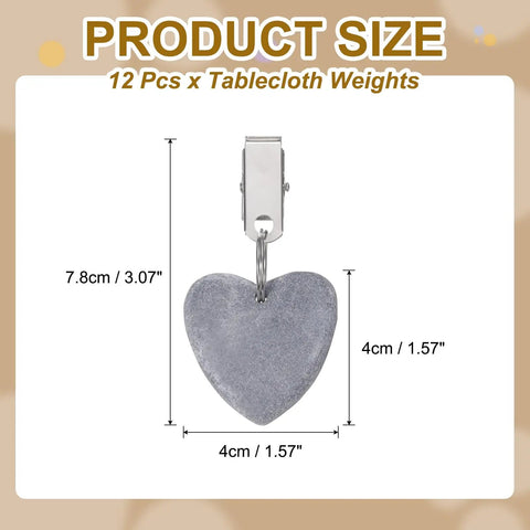 Tablecloth Weights With Clips, 12 Pieces Marble Heart Pendant Weights, 4x4cm Pendants, 7.8cm Total Length, Durable Gray Table Cover Fasteners For Outdoor Picnic, Garden Or Patio Decor, Keeps Tables From Blowing Away shown with dimensions.