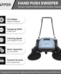 Top Shelf Manual Push Floor Sweeper With Thirty Six Inch Brush And Ten Point Five Gallon Dustpan showing front view and key features.