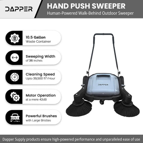 Top Shelf Manual Push Floor Sweeper With Thirty Six Inch Brush And Ten Point Five Gallon Dustpan showing front view and key features.