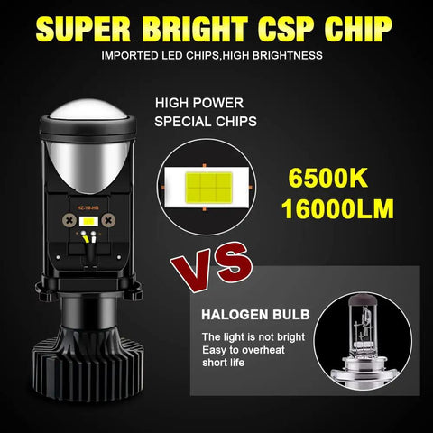 Two Pack LED Headlight Bulbs Compatible With H4 9003 HB2 With Mini Projector Lens, 16000 Lumens, compared to halogen bulb