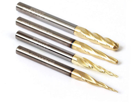 Tapered Endmill Ball Nose Router Bits Set for CNC Engraving Pro Grade Solid Carbide Spiral Cutters with 1 Quarter Inch Shank 1 Inch Cutting Length Includes 3 and 4 Flute Bits Multi Axis Carving ZRN Coated