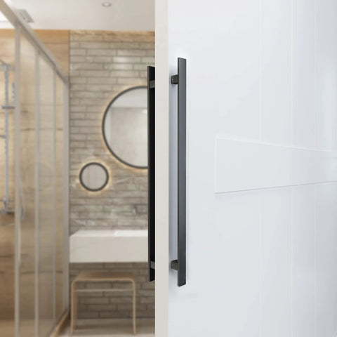 Heavy Duty 36 Inch Barn Door Push Pull Handle Made From Grade 304 Stainless Steel With Matte Black Finish installed on door