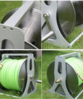 Heavy Duty Stainless Steel Garden Hose Reel Wall Mount Holder With Rolling Cart showing green hose on a sturdy frame in grass.