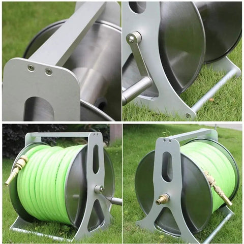 Heavy Duty Stainless Steel Garden Hose Reel Wall Mount Holder With Rolling Cart showing green hose on a sturdy frame in grass.
