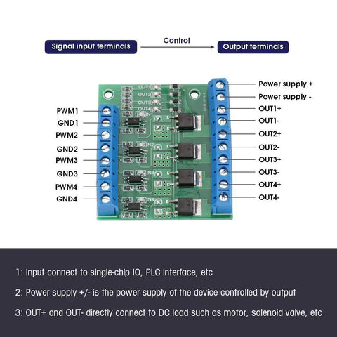 4 Channel MOSFET PWM Driver Module 3-20V To 3.7-27VDC 10A PLC Amplifier for motor speed control and LED brightness