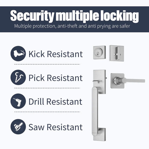 Built To Last Heavy Duty Front Door Handle Set with Single Cylinder Deadbolt and Reversible Lever showing security features