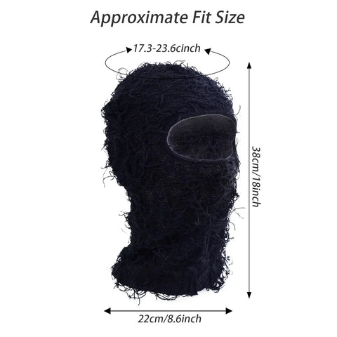 2 Pack Distressed Balaclava Ski Masks For Men And Women, Shiesty Sheisty Full Face Knit Mask shown with size dimensions