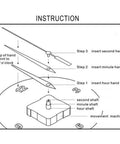 Diagram showing assembly instructions for the All In One Clock Repair Kit With Quartz Movement Pendulums And Chimes For Home Decor Projects Precision Clock Parts Easy Install And Repair Includes Mounting Hardware For DIY Projects And Quiet Operation Durable Metal Construction, including placement of hour, minute, and second hands.