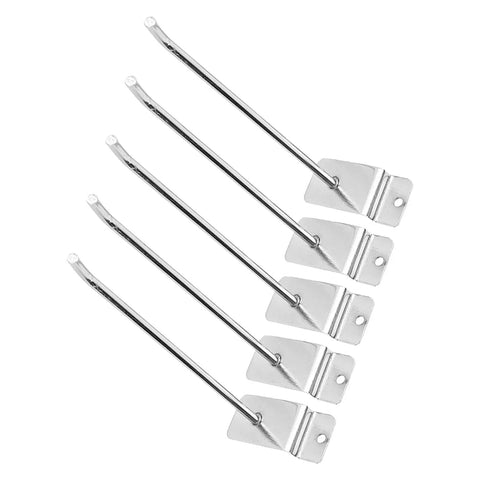 Heavy Duty 25 Pack 6 Inch 15 cm Slat Wall Hooks Chrome Finish for retail displays and shop shelves, side view of five hooks