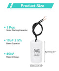 Beefed Up 10uF 450V CBB60 Motor Run Capacitor with 2 wires, size 35x63mm, heavy duty for single phase motors, white casing.