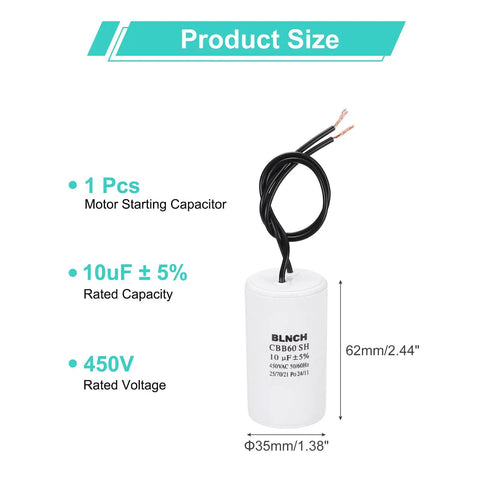 Beefed Up 10uF 450V CBB60 Motor Run Capacitor with 2 wires, size 35x63mm, heavy duty for single phase motors, white casing.