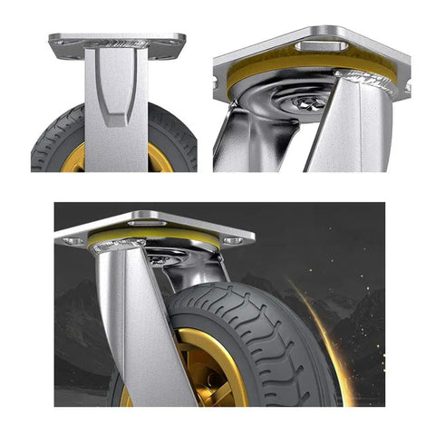 Close-up of 8 Inch Industrial Casters With Quiet Wear Resistant Rubber Wheels And 360 Degree Bearing For Flatbed Trolleys Steel Frame