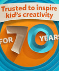 Colorful layered paper design with text 'Trusted to inspire kid’s creativity for 70 years' in orange and blue tones.