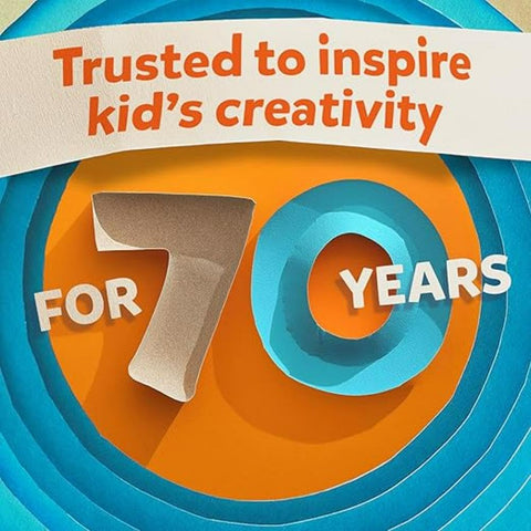 Colorful layered paper design with text 'Trusted to inspire kid’s creativity for 70 years' in orange and blue tones.
