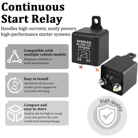 Straight Up Heavy Duty Car Starter Relay 200 Amp 12 Volt 4 Pin SPST Switch image showing compact nylon design for reliable ignition power.