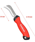 Goldblatt stainless steel roofing and flooring knife with red soft-grip handle and 3-1/4 inch curved hooked blade, side view