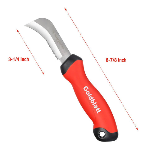 Goldblatt stainless steel roofing and flooring knife with red soft-grip handle and 3-1/4 inch curved hooked blade, side view