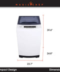 Compact 3.0 Cu Ft Top Load Washer In White featuring dimensions 39.4 x 23.7 x 24.8 inches for space-saving use.