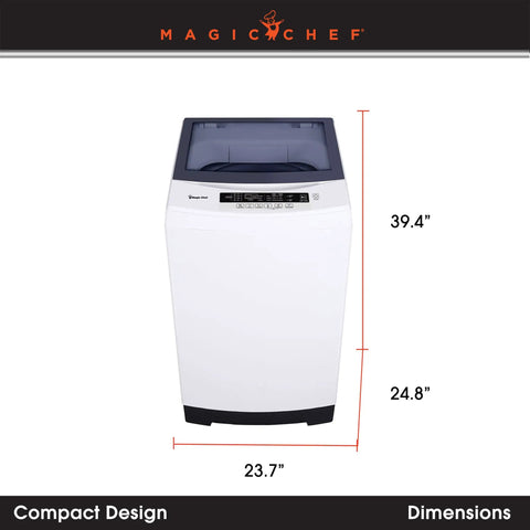 Compact 3.0 Cu Ft Top Load Washer In White featuring dimensions 39.4 x 23.7 x 24.8 inches for space-saving use.