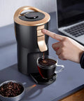 Premium Automatic Bean To Cup Coffee Maker With 24 Hour Timer brewing coffee into a glass cup on a kitchen counter.