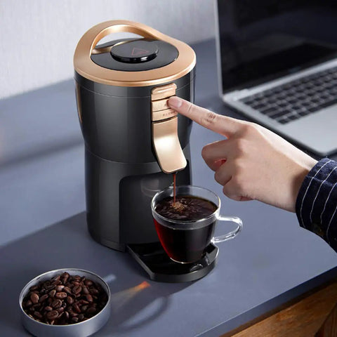 Premium Automatic Bean To Cup Coffee Maker With 24 Hour Timer brewing coffee into a glass cup on a kitchen counter.