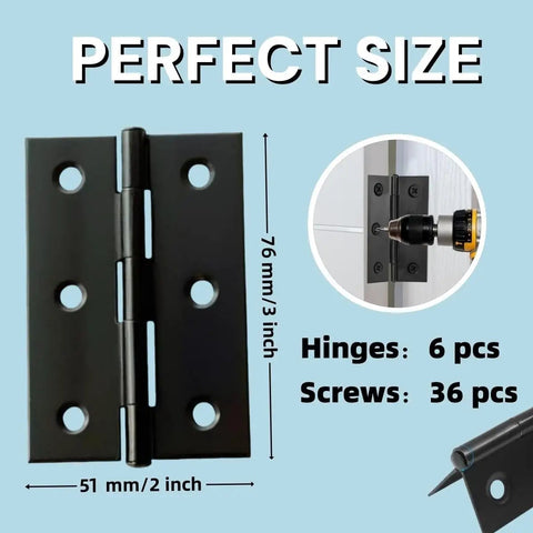 Six Piece 3 Inch High End Stainless Steel Mini Hinges With 36 Screws In Black Finish for small cabinets and jewelry cases.