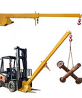 Badass Job Site Beast 6600lb Forklift Mobile Crane With 12ft Telescopic Jib Boom and Steel Hooks lifting heavy metal parts.