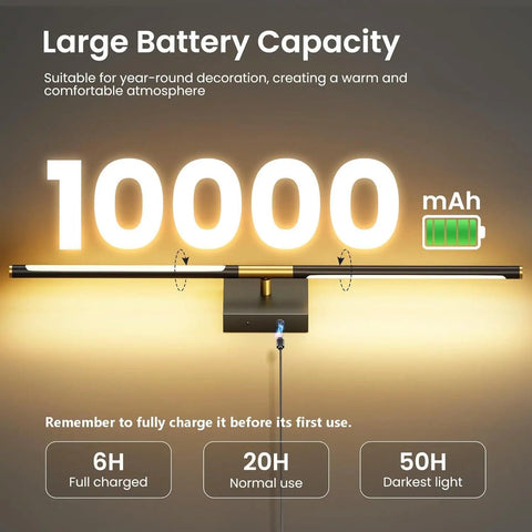 Super Slick 29 Inch Wall Sconces Set Of 2, Matte Black With Gold Accents, 10000 Mah Rechargeable Battery Wall Lights showing battery capacity.