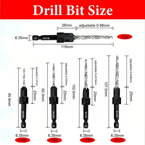Dimensions and sizes of Must Have Countersink Drill Bit Set For Woodworking, 5 Pc Adjustable Counter Sink Bits In Sizes 4 6 8 10 12