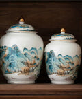 Top Shelf Premium Ceramic Airtight Tea Canister For Loose Leaf And Roasted Coffee Storage With Classic Chinese Landscape Motif, two sizes.