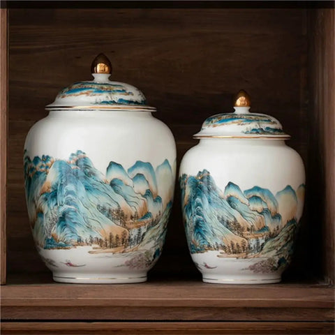 Top Shelf Premium Ceramic Airtight Tea Canister For Loose Leaf And Roasted Coffee Storage With Classic Chinese Landscape Motif, two sizes.