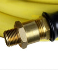 Hardcore Half Inch By Fifty Foot Rubber Air Hose Assembly Rated For 300 PSI Oil And Fuel Resistant Nitrile Core Shop Grade Compressor Line For The Grind Heavy Duty Boss Approved Ready To Run Plus Lifetime Warranty Support brass fitting close-up