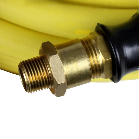 Hardcore Half Inch By Fifty Foot Rubber Air Hose Assembly Rated For 300 PSI Oil And Fuel Resistant Nitrile Core Shop Grade Compressor Line For The Grind Heavy Duty Boss Approved Ready To Run Plus Lifetime Warranty Support brass fitting close-up