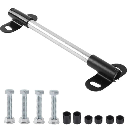 Beefed Up Heavy Duty Wheelbarrow Axle Bracket Set Includes Ten Inch Axle Shaft Five Eighth Inch Hole Two Brackets Nylon Spacers and Bolts Nuts for Rugged Yard and Farm Use