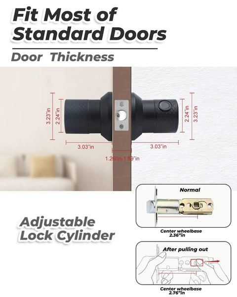 Illustration of 3 In 1 Smart Door Knob With Big Fingerprint Sensor And Keypad, adjustable lock cylinder for standard doors.