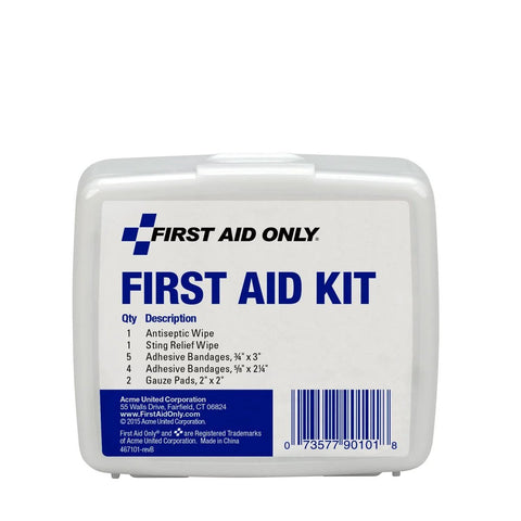 Compact white plastic first aid kit with blue label; lists 1 antiseptic wipe, 1 sting relief wipe, bandages and gauze.