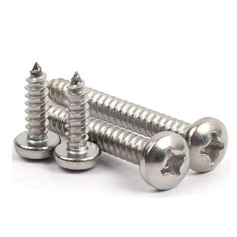 500 Piece M3 Stainless Steel 304 Self Tapping Screws Pan Head Design for quick bite into wood and plastic, close-up view of screws.