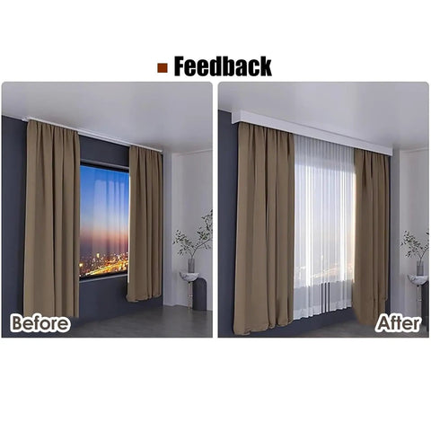 High Quality Two Layer Sliding Barn Door Track With Curtain Valance Wall Or Ceiling Mount Heavy Duty Double Roller System No Fuss Install For Home Makeover Silky Smooth Glide before and after comparison of window curtains.