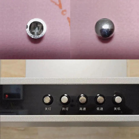 Ten Pack Range Hood Push Button Switch Caps For Under Cabinet Vent Hoods, 10mm Square Button Covers, silver plastic installed on hood.