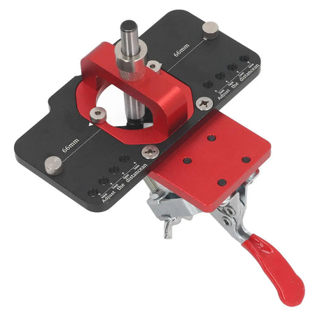 Precision 35mm Concealed Door Hinge Jig For Cabinets With Adjustable Depth Stops And Drill Bit Locator showing adjustable depth stop and clamp mechanism.