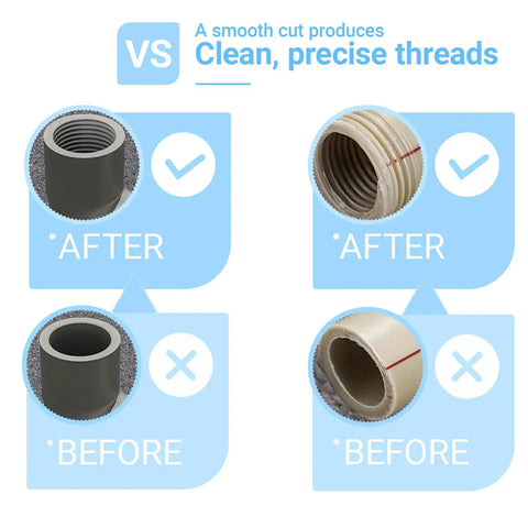 Comparison of clean vs rough pipe threads using a Heavy Duty 3 Piece Pvc Pipe Threading Tool Set Featuring Dual Function Internal And External Thread Cutting And Taping Kit Made From High Hardness Carbon Steel For Professional Plumbing Jobs And Easy Diy Repairs.