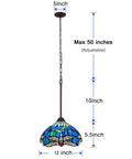 Tiffany Style Stained Glass Pendant Light 12 Inch Wide Antique Blue Dragonfly Hanging Lamp With Adjustable 67 Inch Chain dimensions