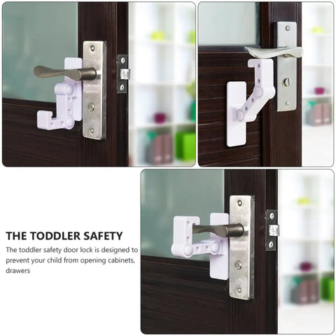 White Plastic Cabinet And Cupboard Door Lock With Reliable Latch, Easy To Use Kid Proof Safety Lock shown on a wooden door