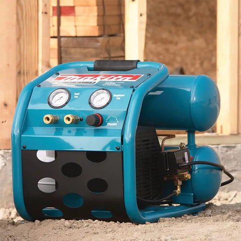 2.5 HP Big Bore Cast Iron Air Compressor With 4.2 CFM At 90 PSI, Pro Grade Quiet Performer With Roll Cage on a job site