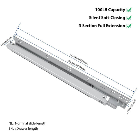 Smooth As Butter Undermount Drawer Slides With Soft Close Hydraulic Dampers Full Extension Glide 9 Inch Depth showing dimensions and features.