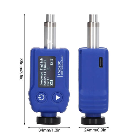 Heavy Duty Portable Digital Hardness Tester Featuring A Tungsten Carbide Impact Anvil And Built In Alloy Library For Quick Draw Testing And Rock Solid Knockout Accuracy Across All Metals displayed in blue with screen and two metal tips.