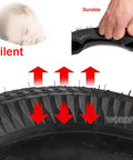 Pneumatic tire for heavy duty caster wheels showing flexibility and silent operation features with red arrows and hand test.