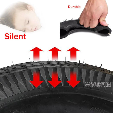 Pneumatic tire for heavy duty caster wheels showing flexibility and silent operation features with red arrows and hand test.