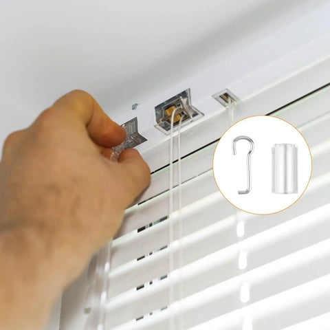 Person using Four Piece Wand Wire And Sleeve Collar Hook Kit For Horizontal Mini Blind Repair for easy installation.